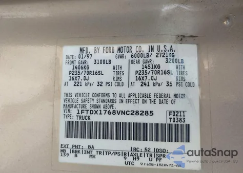 1997 Ford F-150 Lariat/Standard/Xl/Xlt z USA, uszkodzony, nr VIN 1FTDX1768VNC28285